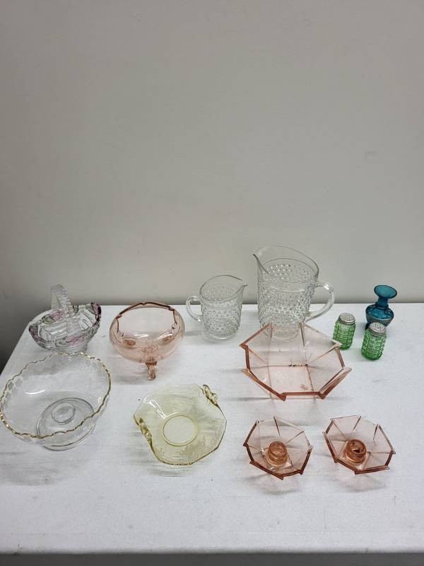 Vintage Depression Glass Lot - Pink Octagonal, Hobnail Pitcher, Green Shakers & More
