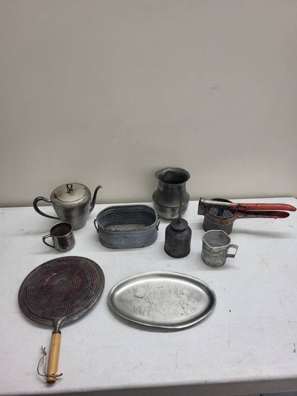 Vintage Primitive Kitchenware Lot Pewter Teapot Oil Can Ricer Measuring Cup