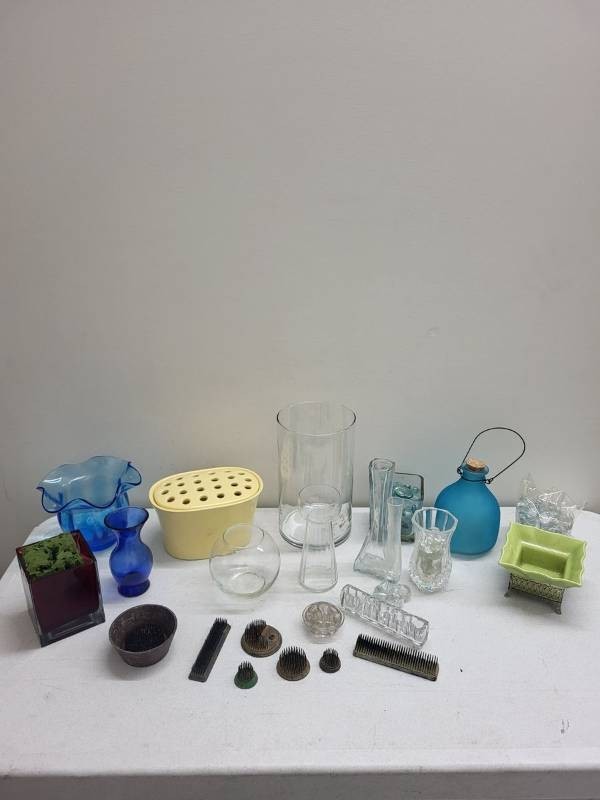 Lot of Vintage Florist Supplies - Flower Frogs, Vases, Ceramic Brick & Glass Gems