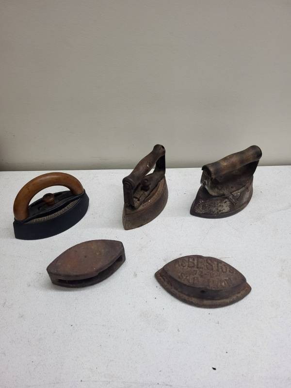 Antique Cast Iron Sad Iron Lot - Enterprise Mfg, Asbestos 72-B, Wood Handles
