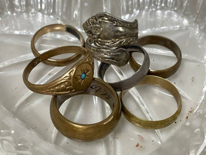 Lot Including Vintage Heart Glass Dish, Spoon Ring, and Assorted Rings