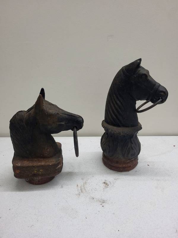 Antique Cast Iron Horse Head Hitching Post Toppers Pair with Tether Rings