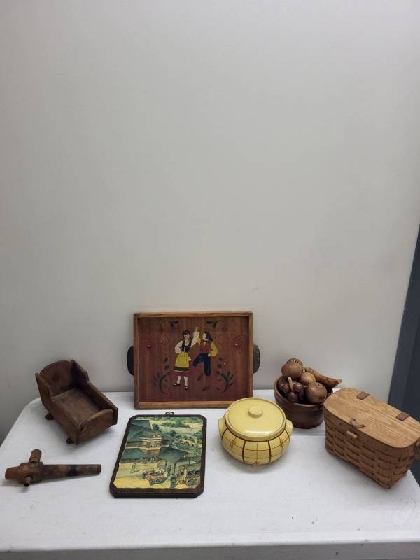 Vintage Primitive Country Lot - Wood Basket, Bean Pot, Folk Tray, Redlichs Faucet