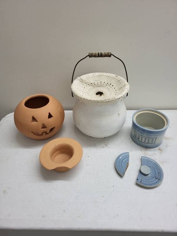 Antique Homer Laughlin Ironstone Slop Jar, Blue & White Butter Crock & Pumpkin Lot