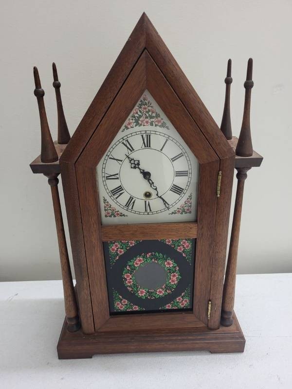 Vintage Steeple House Mantel Clock Wood Case Pendulum Key