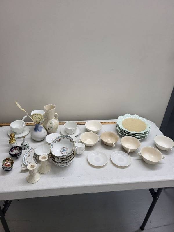 Vintage Porcelain Lot Belleek Haviland Limoges Bernardaud Milk Glass Candlesticks