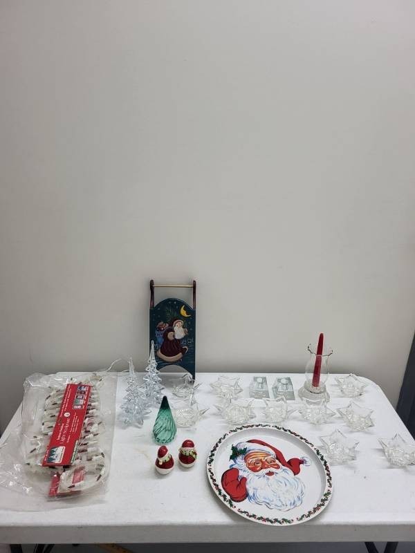 Vintage Christmas Decor Lot - Glass Star Candle Holders Santa Tray Sled & More