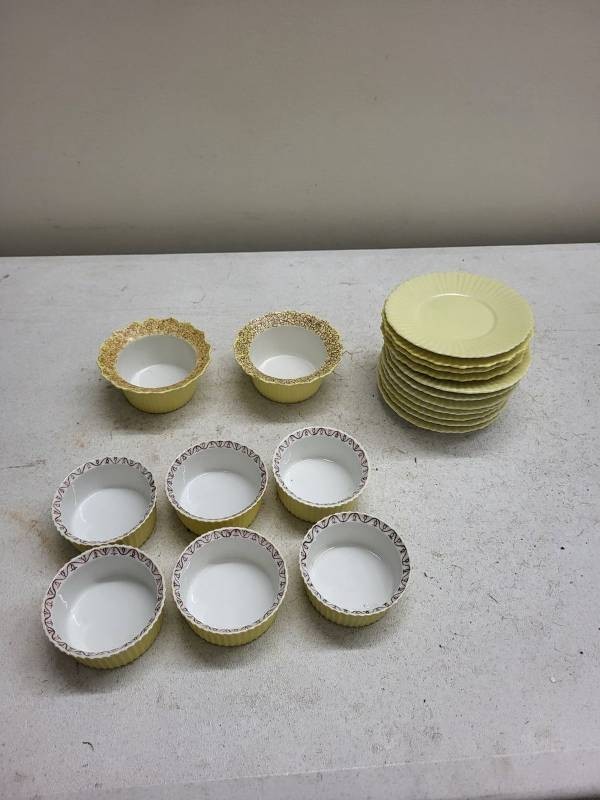 Vintage German Pottery Custard Cup & Saucer Dessert Set Yellow