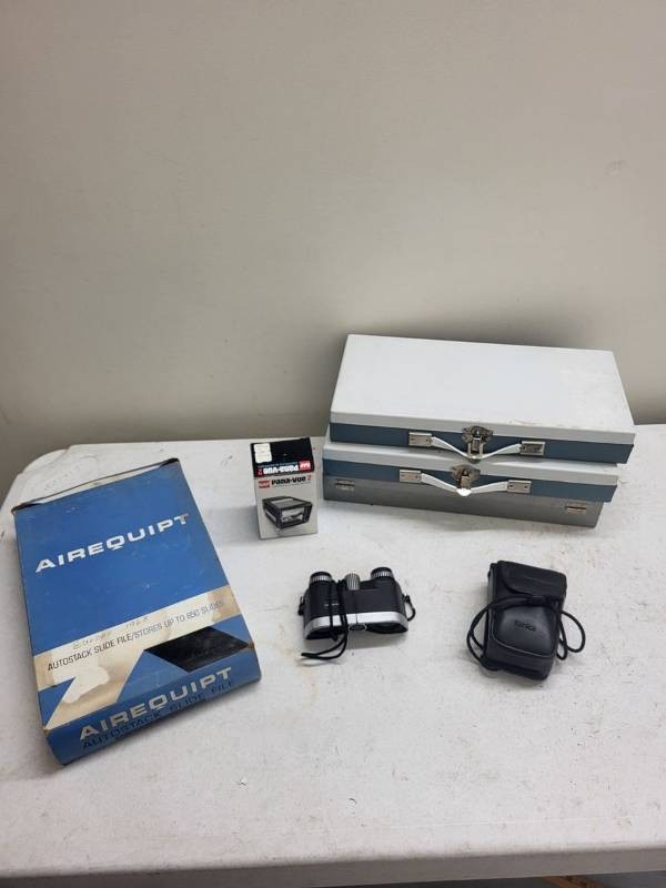Vintage Photography Lot - Konica Z-up 110 Camera, GAF Pana-Vue 2 Viewer, Slides & Binoculars