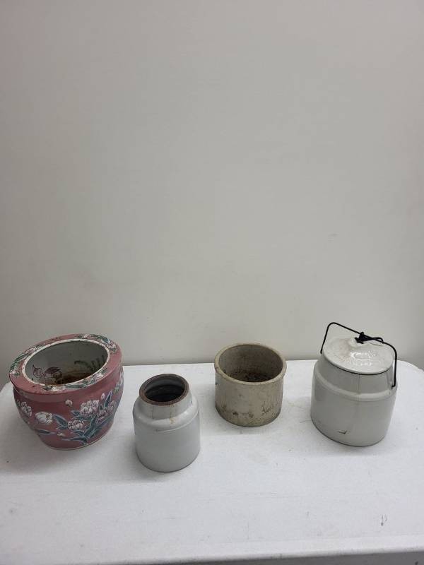 Lot of Vintage Ceramic Crocks and Chinese Floral Jardiniere Planter