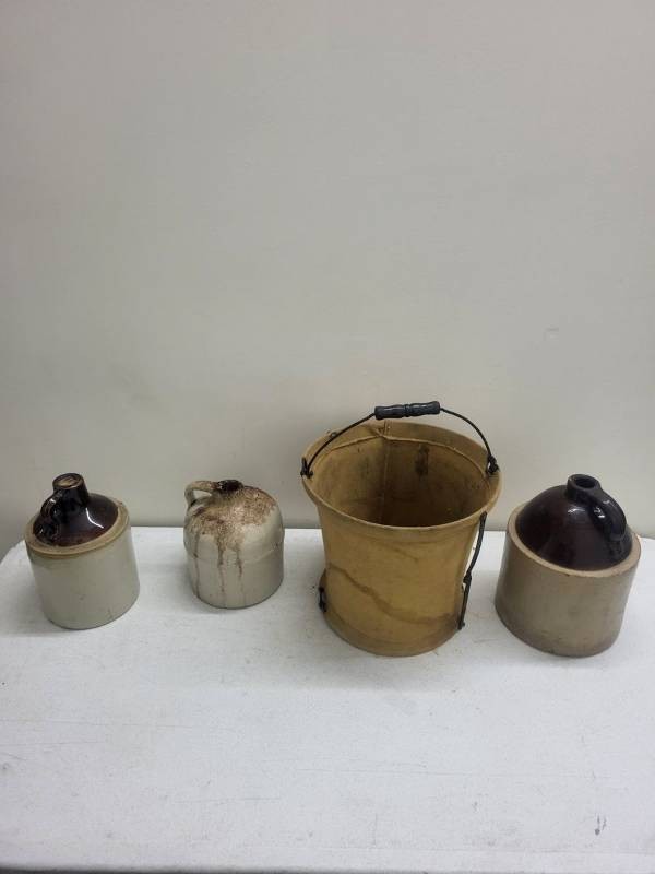Lot of Vintage Stoneware Jugs Crocks & Handy Folding Fire Bucket