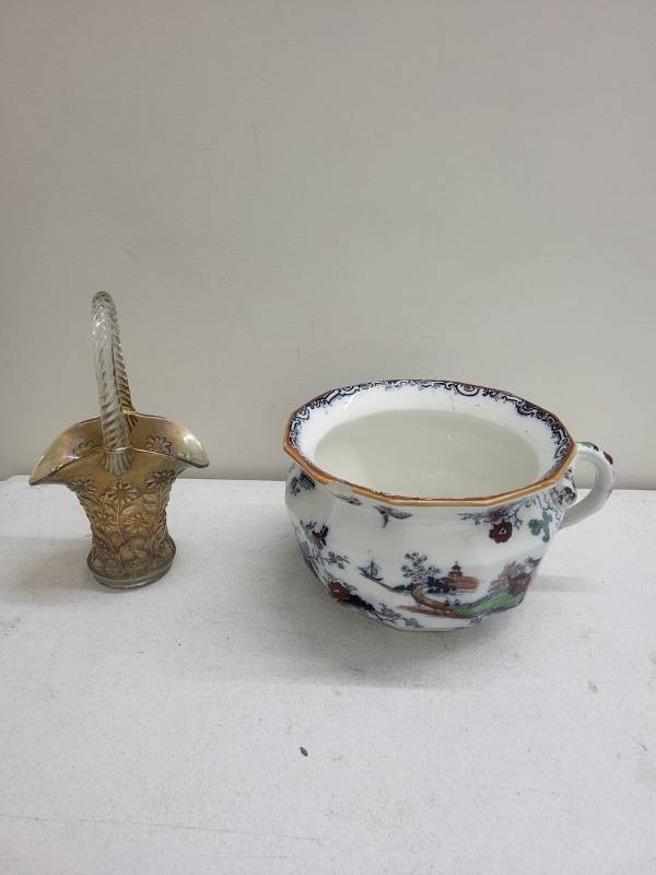 Masons Ironstone Chamber Pot & Marigold Carnival Glass Basket