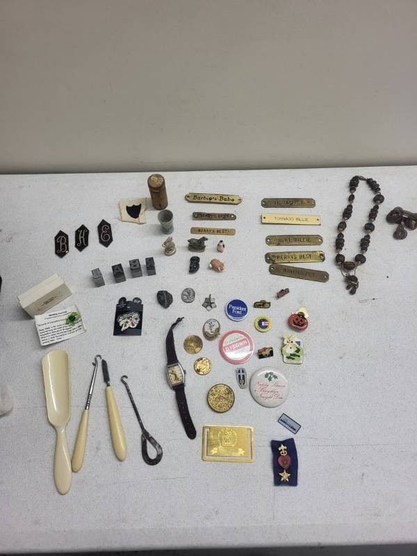 Vintage Mixed Collectibles Lot Jewelry Pins Watch Brass Name Plates