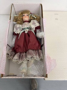 Camelot Porcelain Doll in Original Box Burgundy Lace Dress Taiwan