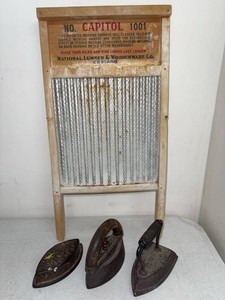Vintage Capitol 1001 Washboard & Cast Iron Sad Iron Laundry Lot