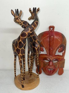 African Style Hand Carved Wood Giraffe Sculpture & Tribal Wall Mask