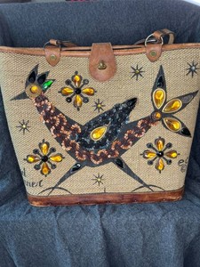 Collins of Texas Vintage Jeweled Bird Jute Tote Handbag Leather Trim