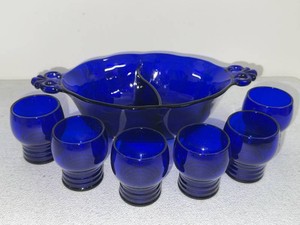 7-Piece Vintage Cobalt Blue Glass Divided Bowl & Tumbler Set