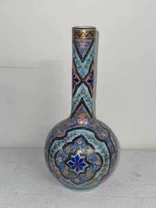 Vintage Bohemian Style Enameled Art Glass Bottle Vase Blue Gold
