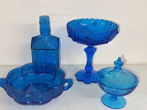 Vintage Blue Pressed Glass Tableware Set Compote Candy Dish Bottle