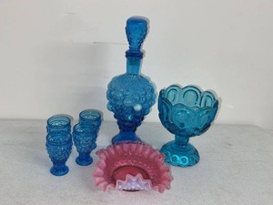 Vintage Blue Glass Decanter Goblets Compote Bowl Pink Ruffled Dish