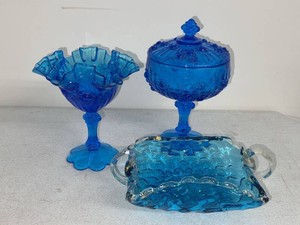 Vintage Blue Art Glass Pedestal Candy Dish Compote Console Bowl Set