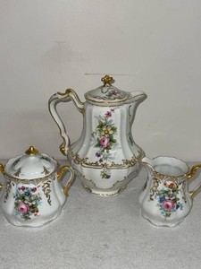 Antique German Porcelain Coffee Set Floral Gilt Pot Creamer Sugar