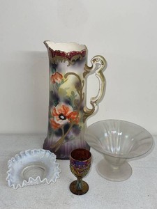 Vintage Glass & Porcelain Decor Lot Hand Painted Pitcher Carnival