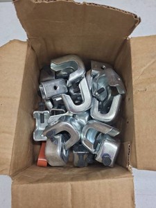 Box Lot of Assorted Steel Beam C Clamps Electrical Hangers