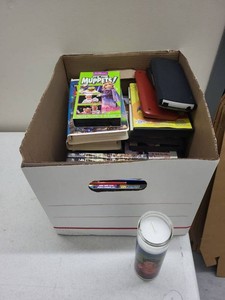 Box Lot of DVDs VHS Tapes Texas Instruments Calculators & Candle
