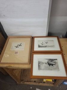 Walter E. Bohl Signed 1943 Federal Duck Stamp Drypoint Etching with Stamp in Unique Frame  Two Jackson Simpson Signed Sporting Etchings