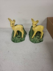 Shawnee Pottery Deer Planters Pair Yellow Fawn Green Stump USA