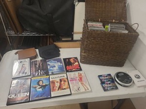 Wicker Storage Baskets with Assorted CDs DVDs & Portable CD Player