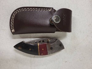Unmarked Damascus Folding Pocket Knife With Leather Sheath