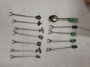 Vintage Mexican Silver Tone Cocktail Picks & Spoon Figural Jade Lot