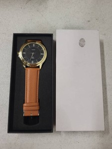 DF Quartz Dress Wristwatch Gold Tone Black Dial Brown Strap w Box
