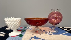Ruby Red Pedestal Bowl, glass globe vase