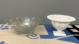 diamond-pattern glass bowl and a white milk glass pedestal compote