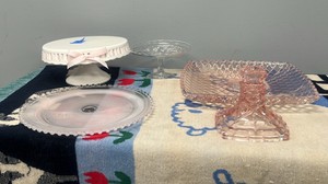 vintage pink and clear pressed glass tableware & candlestick holder