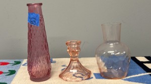 Vintage Pink Glass Decor Lot - 3-Piece Mid-Century Vase & Candlestick Set