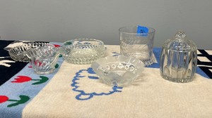 Vintage Clear Glass Lot Trinket Dishes, Votive Holders, & Small Jar