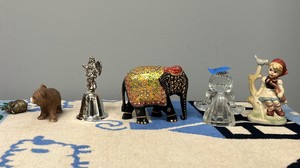 Vintage Mixed-Media Figurine Lot Painted Elephant, Silver Bell, Crystal Angel & Porcelain Child