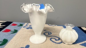 2pc Vintage Fenton Silver Crest White Milk Glass Set