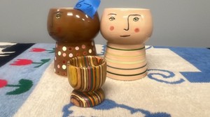 Picasso-Inspired Ceramic Face Pots and Layered Wood Cup Decor Lot
