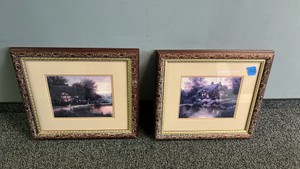 Pair of Vintage Framed Cottage Art Prints Christa Kieffer Coming Home & Thomas Kinkade