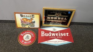 Man Cave Bar Sign Lot Vintage Budweiser Tin Signs & Korbel Brandy Mirror