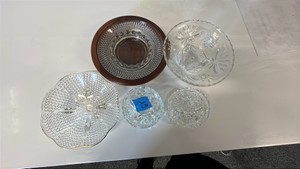 Vintage Pressed Glass Tableware Lot Coasters, Pedestal Bowls, & Wood-Rimmed Dish