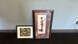 Framed African Motif Wall Art - Tall Dancing Woman & Horizontal Village Scene