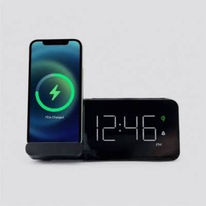 Power Stand Alarm Table Clock Black - Capello Wireless Charger, USB Port, Modern Design, for Bedroom