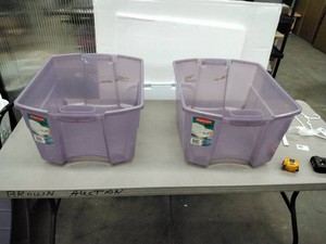 Lot of 2 Rubbermaid Jumbo Clear Box Storage Totes with Lids �� 18 Gallon �� Purple Tint �� Made in USA